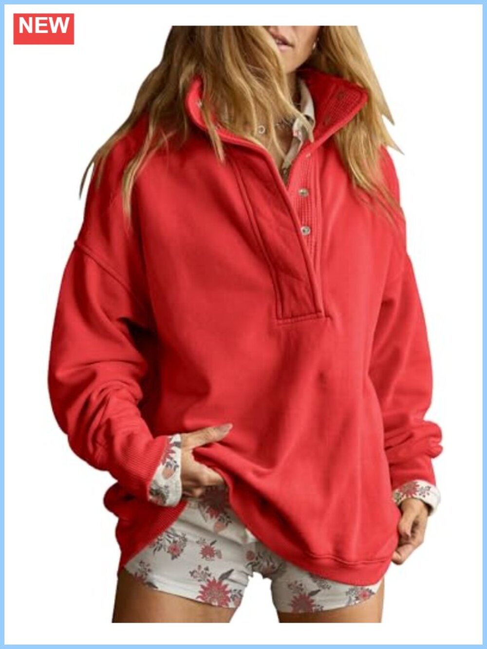 Oversized Henley Neck Pullover Sweatshirt 80% Cotton 20% Polyester